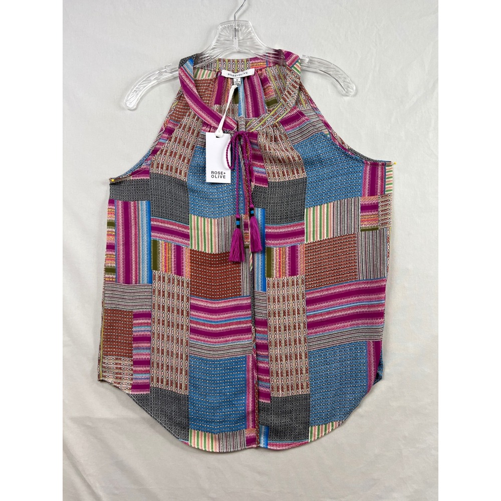 Rose + Olive Halter Top Womens Medium Multicolor Patchwork Tassel Tie Neck NEW